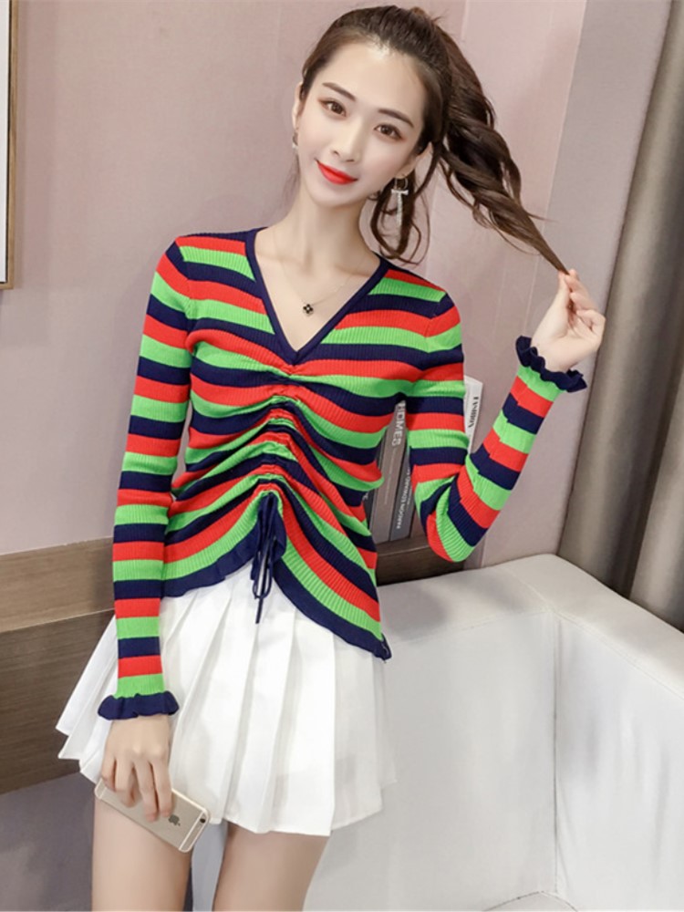 GirlsÇﶬװÐÂ¿îÆ´É«ÌõÎÆVÁì³éÉþÕëÖ¯ÉÀÅ®°Ù´îÐÞÉíëÒÂÌ×Í·ÏÔÊݳ±