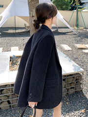 乔觅加厚毛呢西装外套女2025新款秋冬季斜纹短款宽松粗花呢子大衣