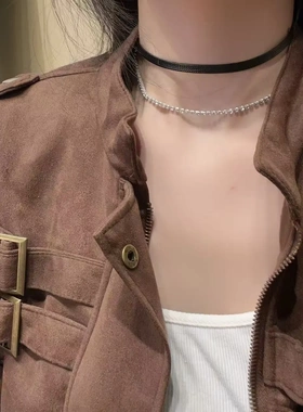 纯欲辣妹黑色皮绳叠戴闪钻项链小众气质choker锁骨链简约百搭项圈