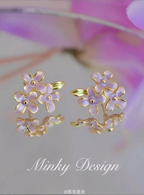 「紫罗兰花园」超仙紫色花朵滴釉耳环蚊香盘耳夹女无耳洞耳钉耳饰
