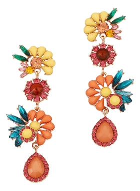 欧美跨境新款时尚优雅复古风华丽彩色花朵合金花卉长款耳环耳饰女