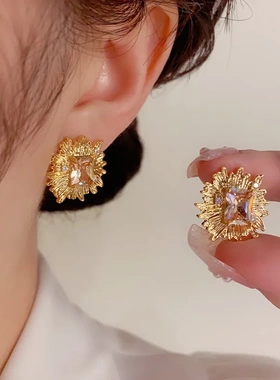 港式复古高级感金属锆石耳钉女s925银针轻奢中古气质时尚百搭耳环