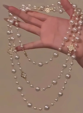 巴洛克镶钻花朵多层珍珠串珠项链法式优雅气质毛衣链高级感颈链女