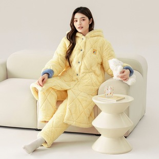 冬季三层夹棉袍套睡衣女套装开衫连帽加厚保暖可外穿棉袄家居服