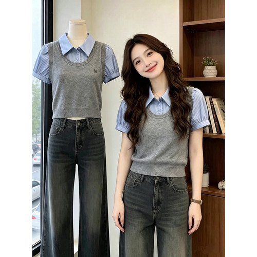 美式假两件马甲衬衫女夏季泡泡袖