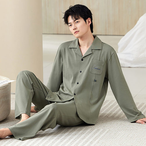 春秋季睡衣男士纯棉长袖翻领家居服宽松大码韩版休闲青少年套装