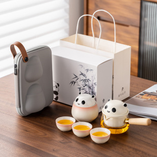 熊猫文创侧把一壶三杯旅行茶具轻奢现代羊脂玉瓷商务纪念伴手礼品