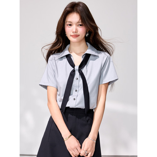 学院风学生蓝色短袖衬衫女夏季新款领结飘带设计感jk制服通勤衬衣