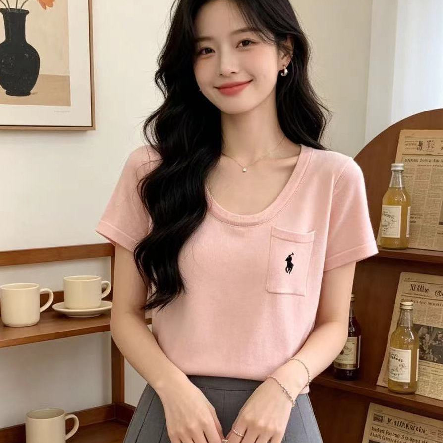 韩系独特别致设计感刺绣口袋圆领短袖T恤女夏季新款修身甜美上衣