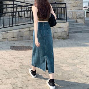 薄款 半裙包臀裙子显身材 宽松高腰开叉牛仔半身裙女202字中长款