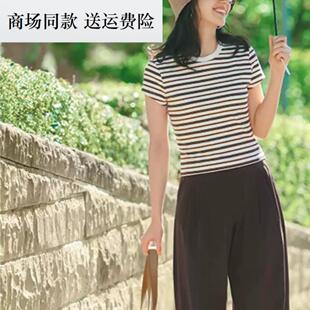 26春夏新款女装 圆领短T恤/撞色条纹休闲修身显瘦上衣短袖 487277