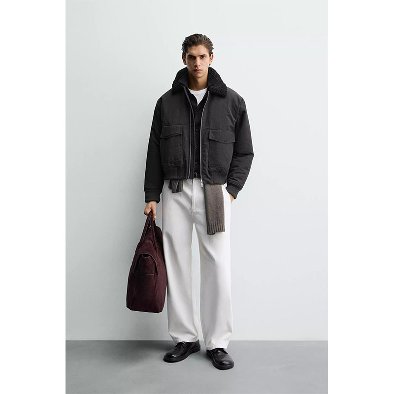 毛领拼接短款夹克棉服抓绒飞行员