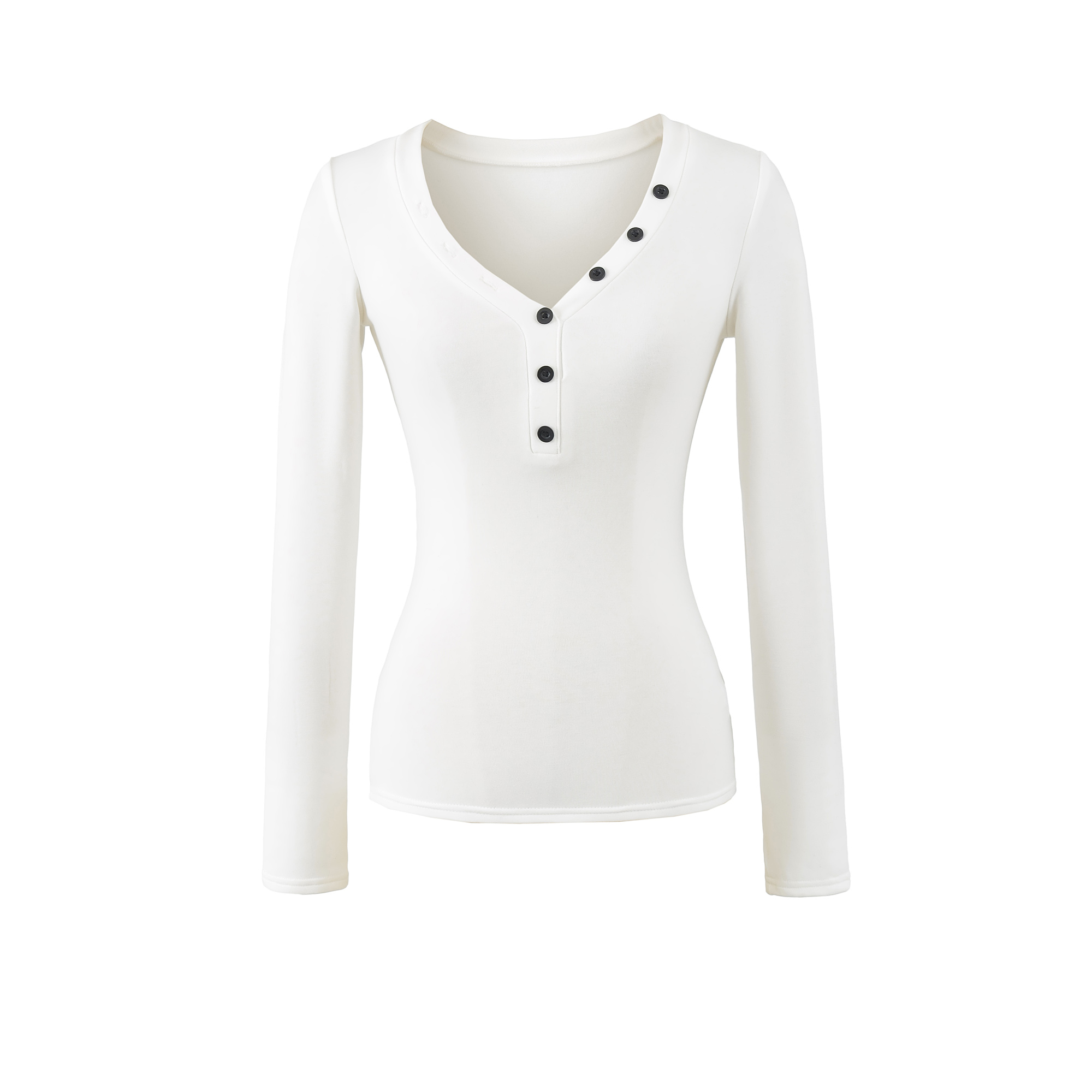 收腰显瘦纽扣V领加绒长袖T恤女