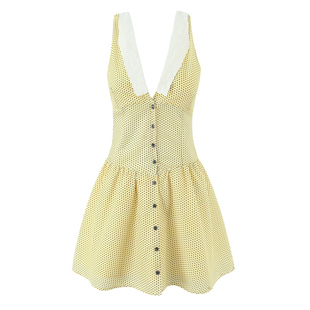 包邮法式复古收腰显瘦黄色波点无袖连衣裙女拼色深V领吊带短裙