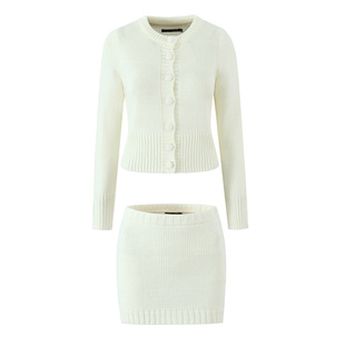 包邮 女 法式 针织开衫 高腰半身裙两件套套装 气质收腰显瘦圆领长袖