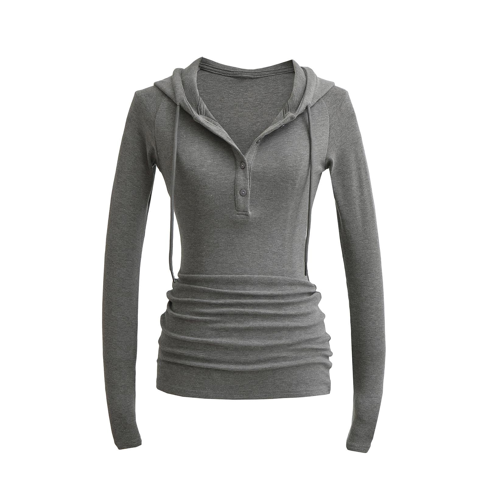 收腰亨利领长袖针织上衣连帽T恤