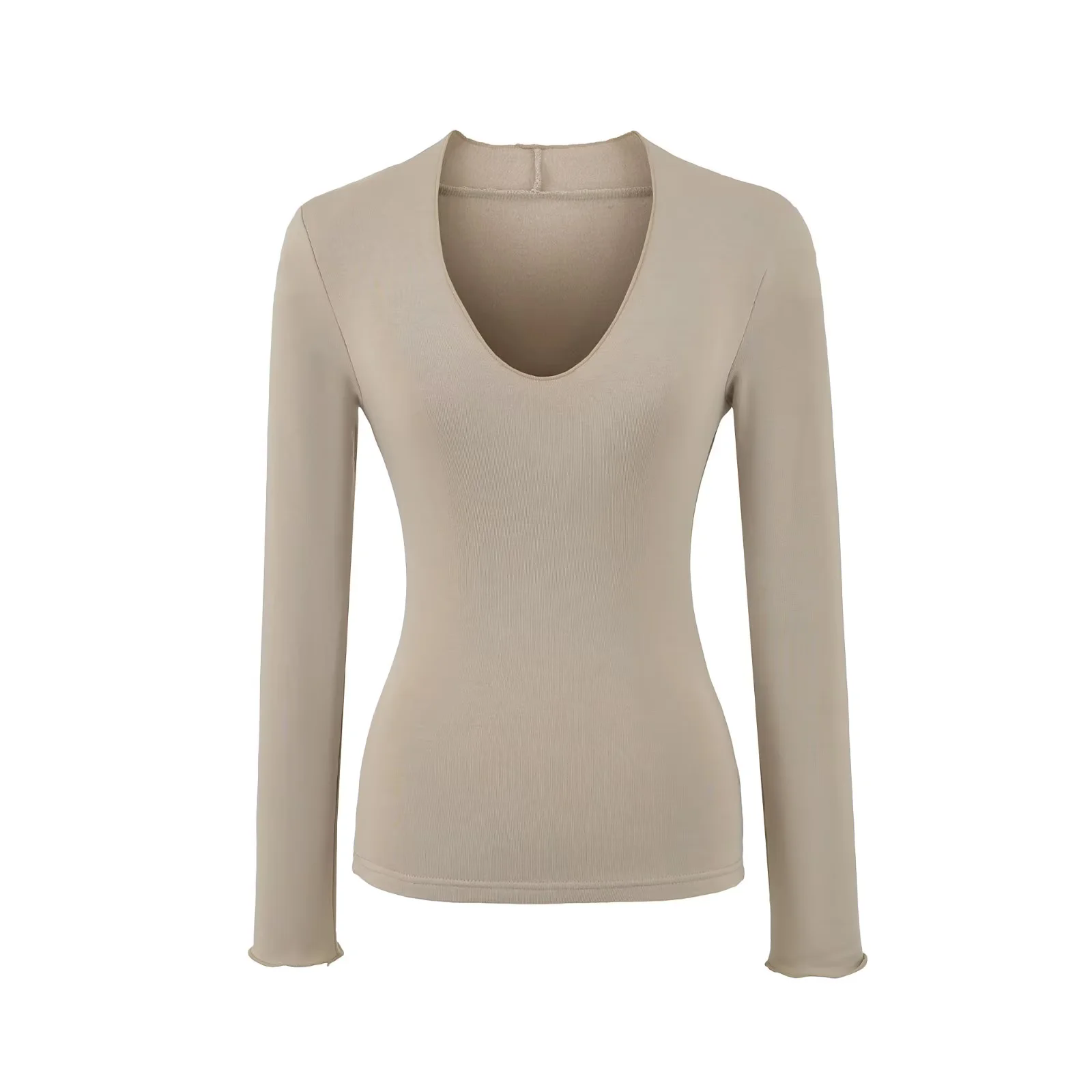 辣妹极简风收腰加绒V领长袖T恤女