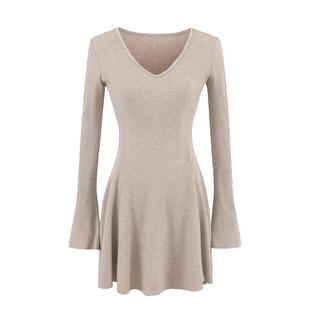 包邮法式浪漫纯色收腰V领长袖针织连衣裙女修身显瘦气质短款A字裙