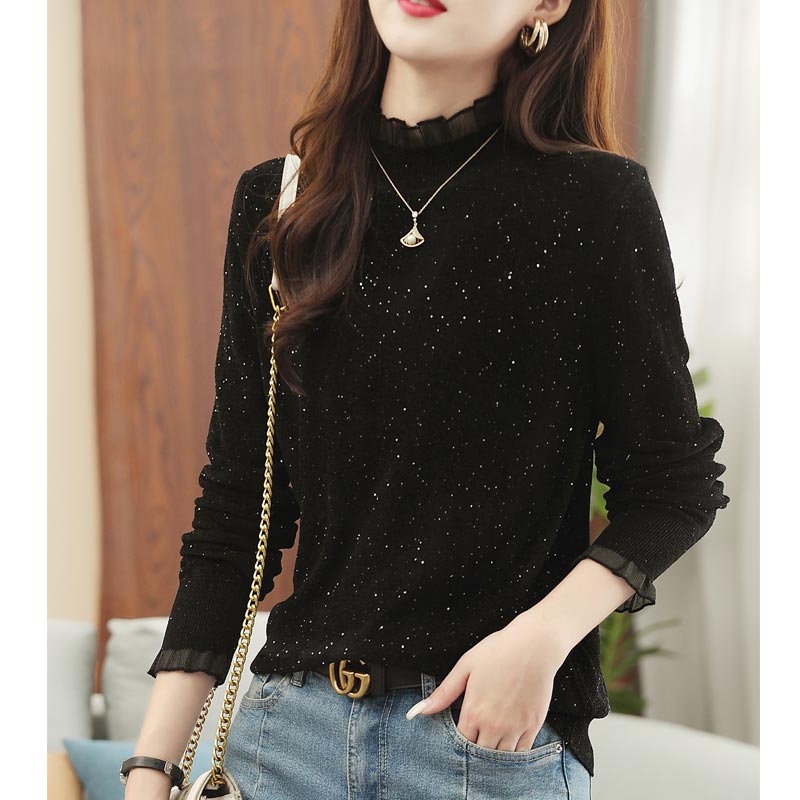 蕾丝亮片高级感黑色秋冬内搭毛衣
