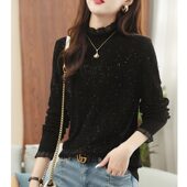 秋冬内搭 气质显瘦黑色打底衫 蕾丝半高领亮片毛衣女2025年秋装 新款