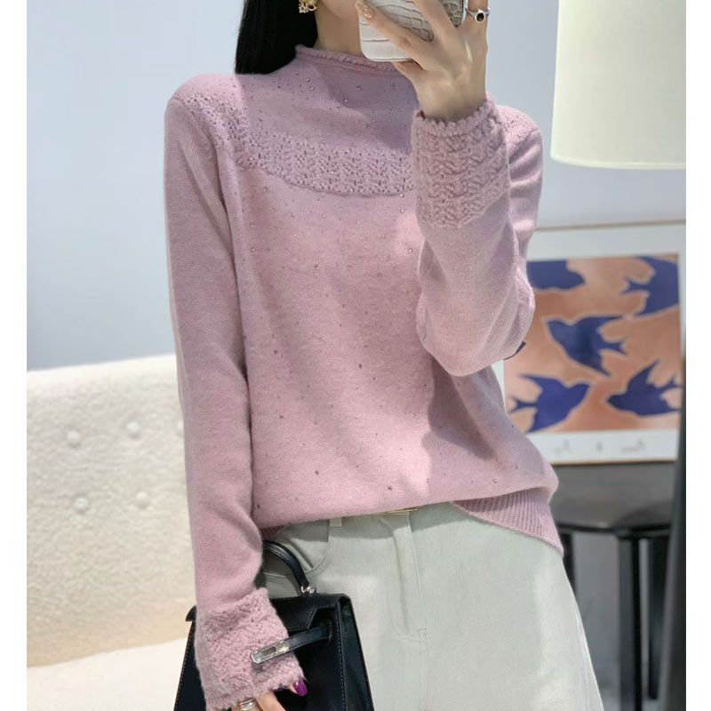 密熊绒亮片勾花立领打底毛衣女冬