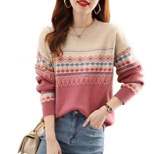 秋冬新款复古毛衣女慵懒风短款宽松加厚外穿拼色针织上衣打底衫冬