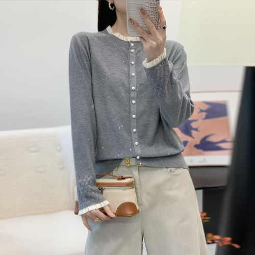蕾丝拼接圆领拼色针织开衫女春