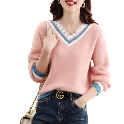 仿水貂绒蕾丝小个子洋气v领毛衣