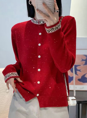 小香风红色针织开衫女2026春款