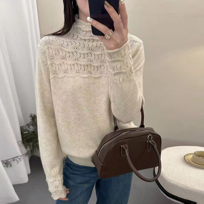 半高领镂空钩花密熊羊毛针织衫女