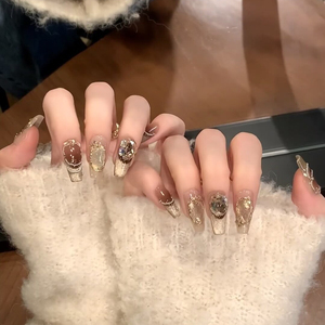 秋冬手工定制穿戴美甲中长梯形复古猫眼冰茶色假指甲高感成品甲片