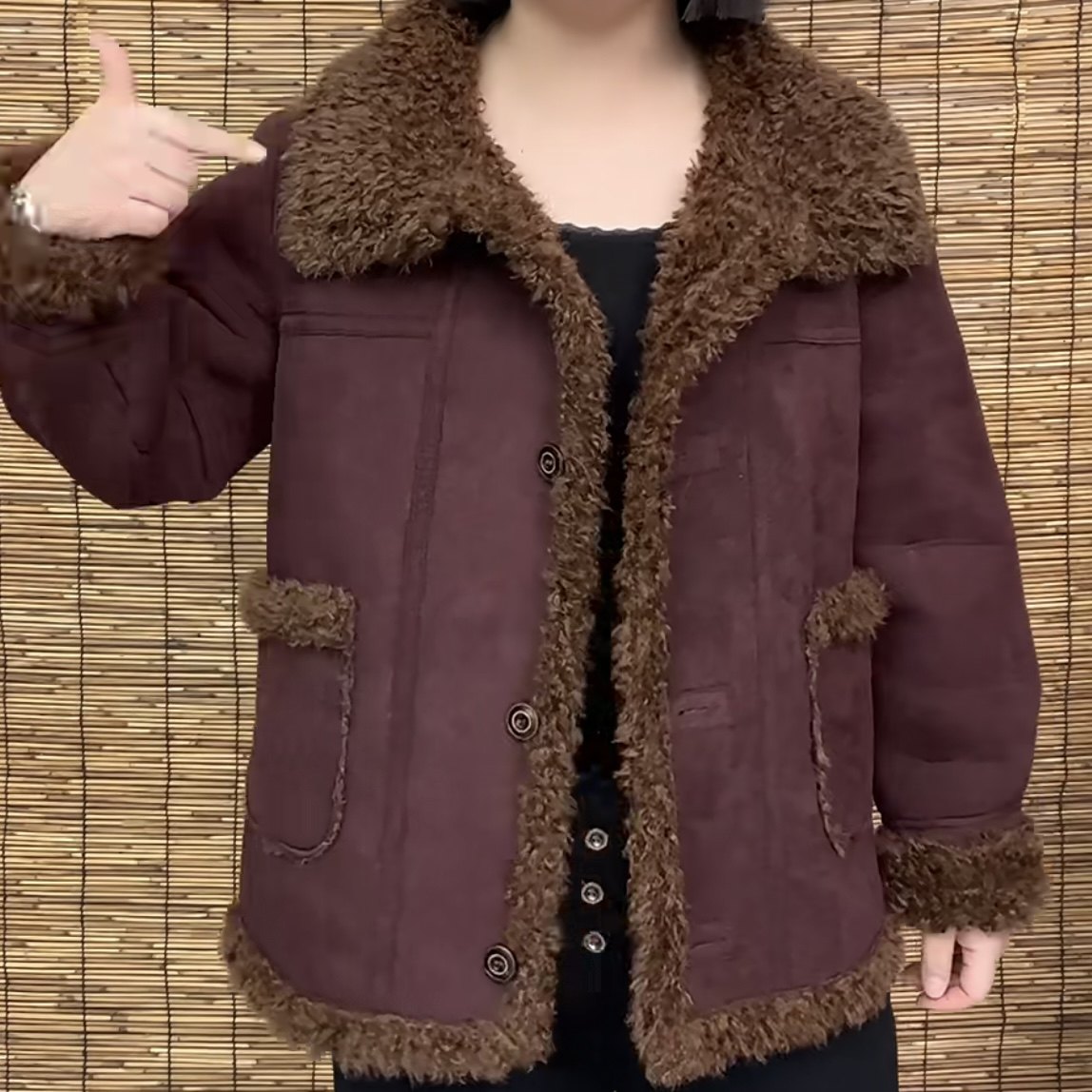 网红皮毛一体翻领仿羊羔毛棉服女士秋冬新款加绒宽松保暖加厚外套