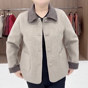 春秋新款网红翻领双面绒毛呢短外套女妈妈装中老年洋气拼接领上衣