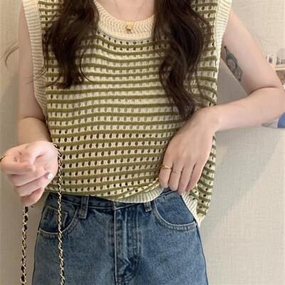 2024夏季条纹内搭镂空针织背心女小众宽松外穿无袖吊带辣妹上衣BF