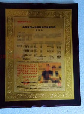 金箔保单 内嵌金边框奖牌 金箔保单 金箔奖牌 牌匾式金箔保单订制