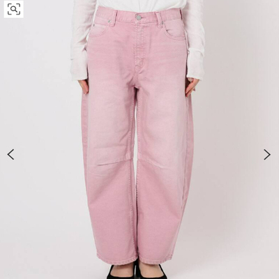 Orien复古做旧脏脏粉弯曲显瘦裤腿捏褶造型水洗牛仔裤休闲穿搭