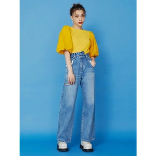 EVRI 刀割切口高腰萝卜裤宽松直筒浅蓝水洗牛仔裤