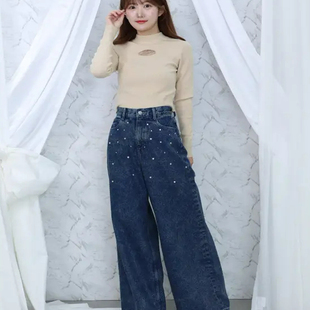 EATM镶钻后腿镂空刺绣休闲小性感风水洗牛仔裤