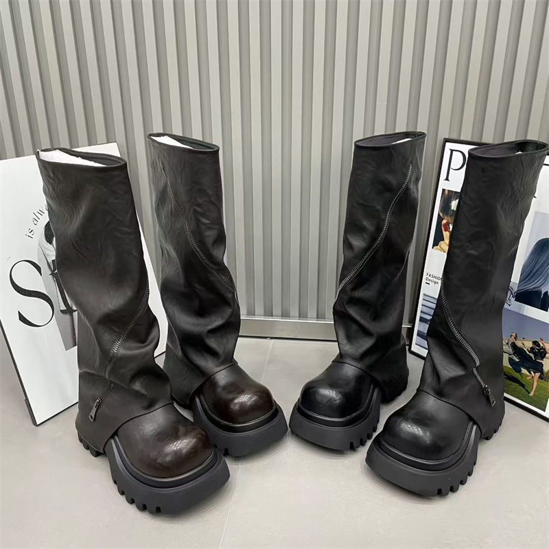 韩版马丁靴拉链西部牛仔辣妹风褶皱堆堆靴裤管靴长筒靴机车靴女鞋