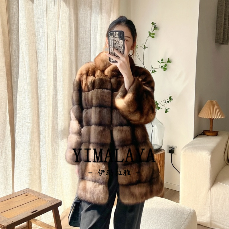 北欧满天星紫貂立领中长皮草大衣