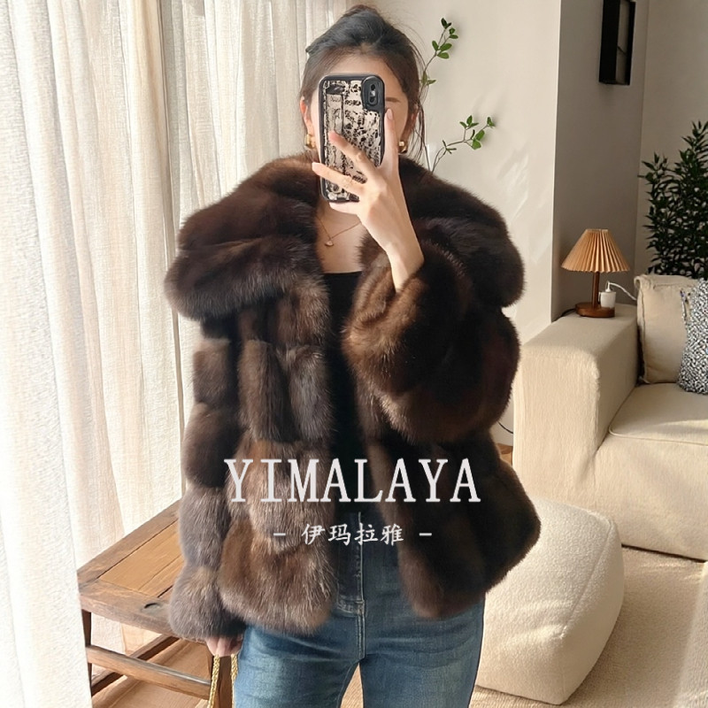 北欧满天星紫貂短款皮草外套女冬季翻领环保貂毛大衣时尚加厚保暖