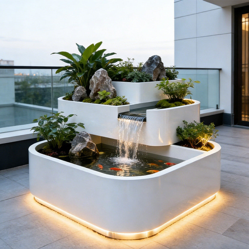 云阶云台阳台不锈钢花箱水景室外庭院露台瀑布喷泉假山组合鱼缸