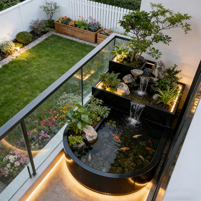 溪庭花雾阳台不锈钢鱼池花箱金属流水摆件室外露台庭院水景瀑布