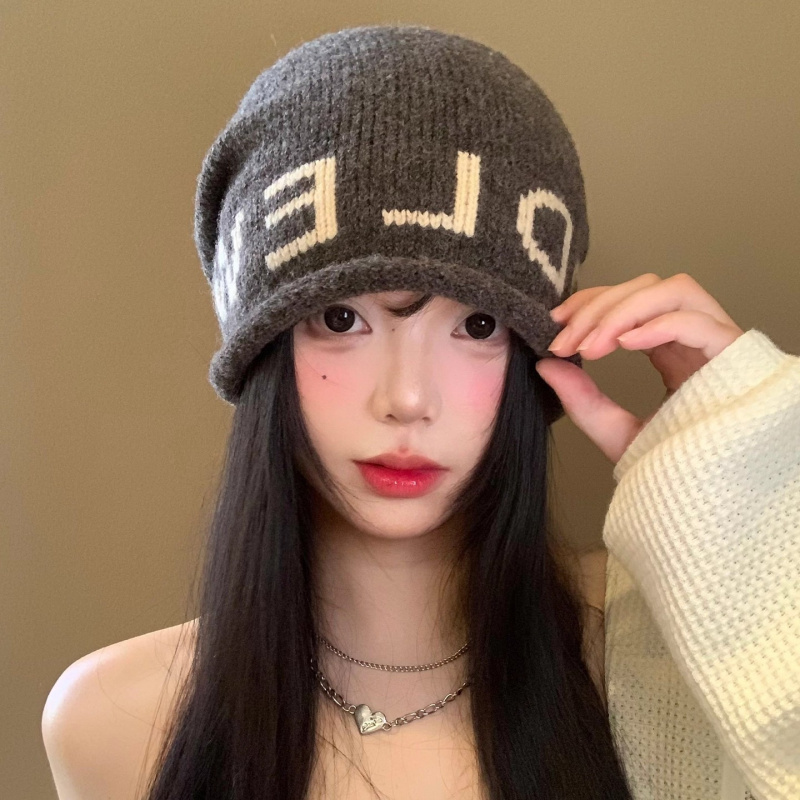 字母针织卷边堆堆帽女秋冬季韩版