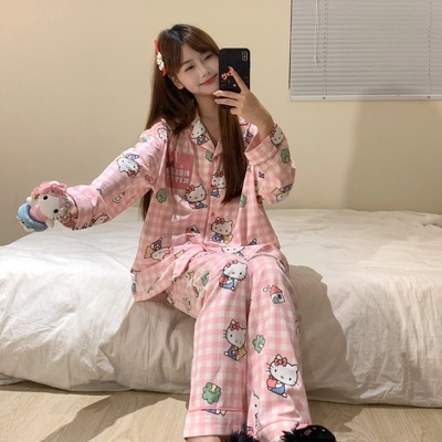 格子hellokitty猫睡衣女春秋新款