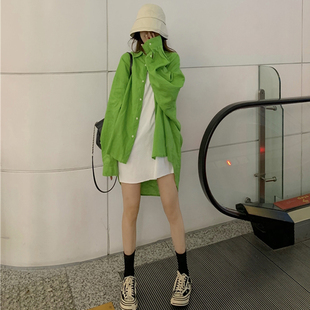 衬衫 宽松BF慵懒风长袖 上衣 2023春秋新款 chic港味绿色衬衣女防晒衫