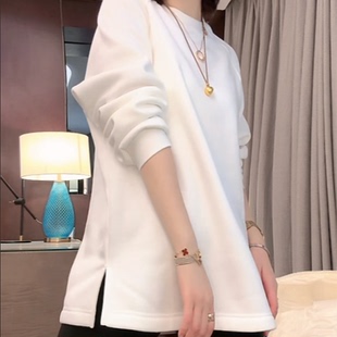纯色中长款 插肩袖 时尚 卫衣女2024秋冬新款 侧边开叉加绒加厚长袖