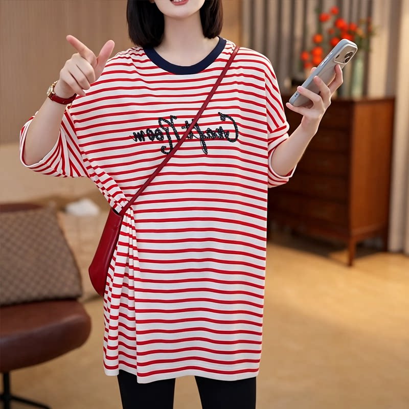 刺绣条纹字母薄款长袖t恤女2026夏季新款宽松减龄中长款防晒衫女
