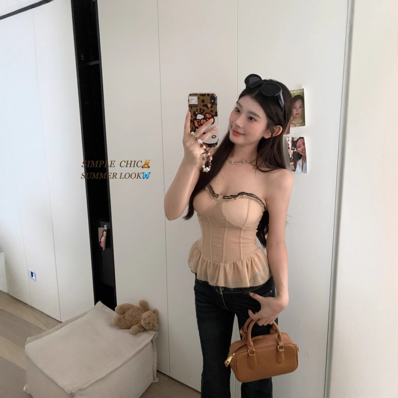 实拍夏季新款女式花边纯欲叉腰抹