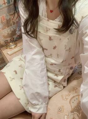 可爱减龄小熊印花背带裙女夏小个子收腰连衣裙衬衫上衣初春两件套